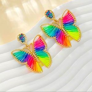 Butterfly Silk Earrings Rainbow Colors Handcrafted Gold Tone